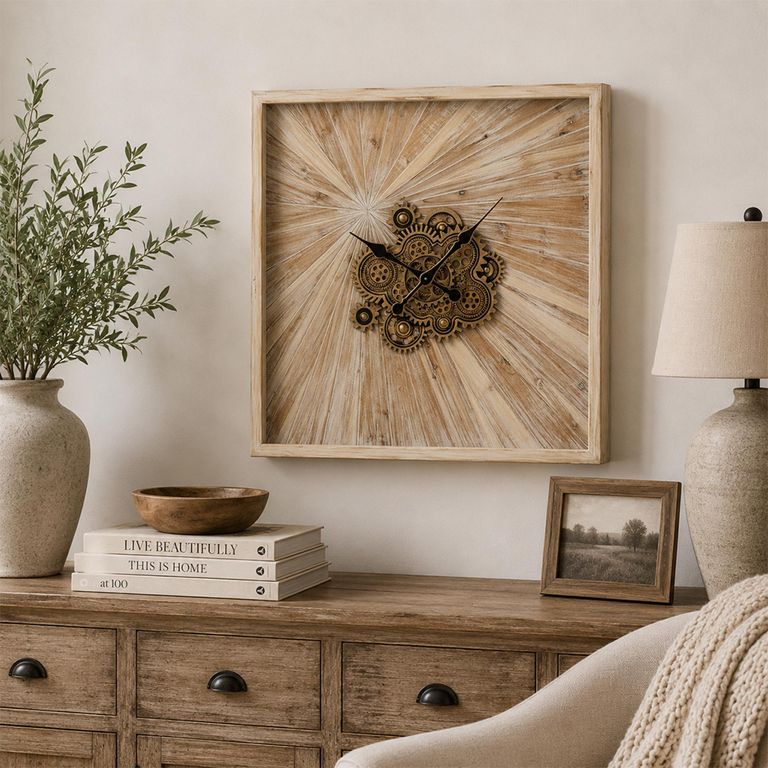 Wall Clock - Square - Large - Light Beige - Wood