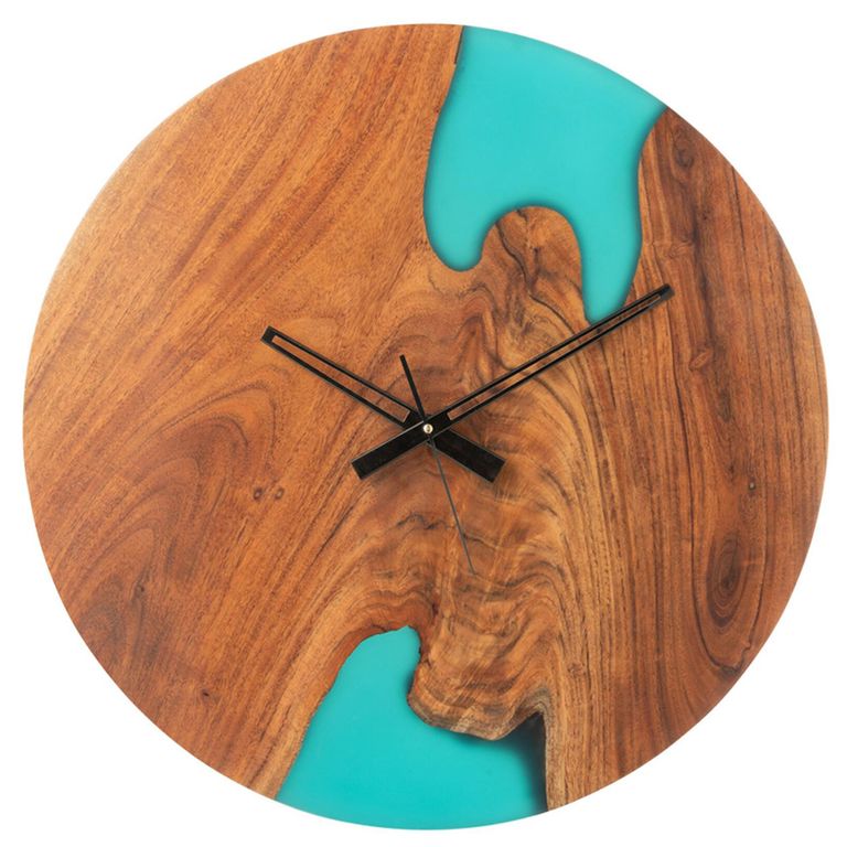 Modern Wall Clock - Round - Natural and Blue - Acacia Wood