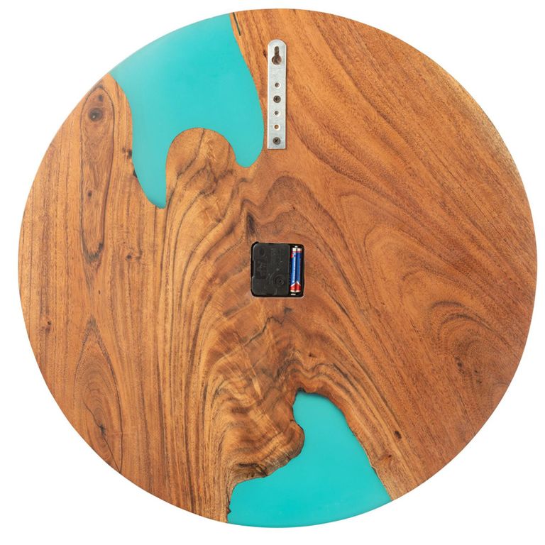 Modern Wall Clock - Round - Natural and Blue - Acacia Wood