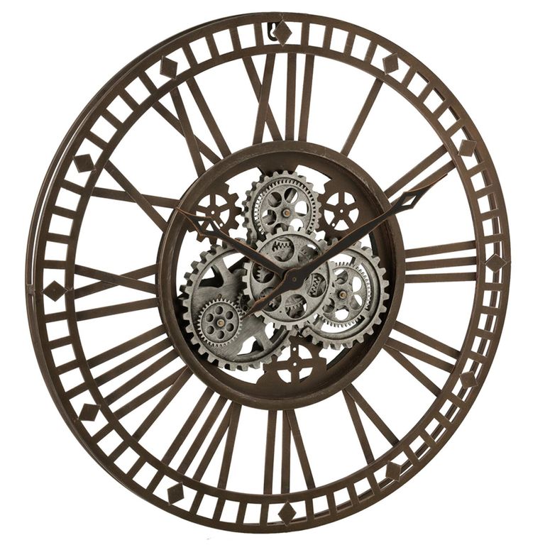 Roman Numerals Visible Mecanism Wall Clock - Round - Antique Grey - Metal