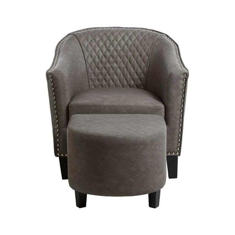 Derby Armchair - Grey Faux Leather with Footstool