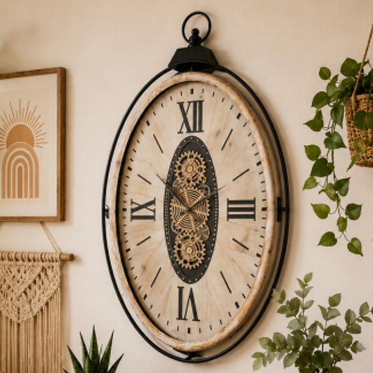 Wall Clock - with Cogs - Oval - White Distressed - Wood and Metal
