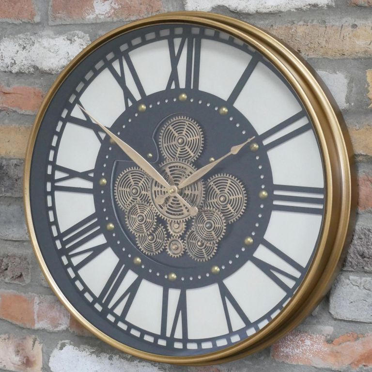 Wall Clock - with Cogs - Round - Gold - Metal