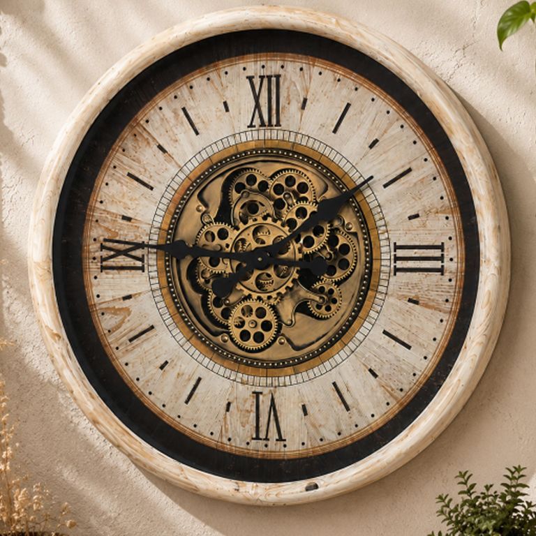 Wall Clock - with Cogs - Round - White Distressed - Wood and Metal - 70cm