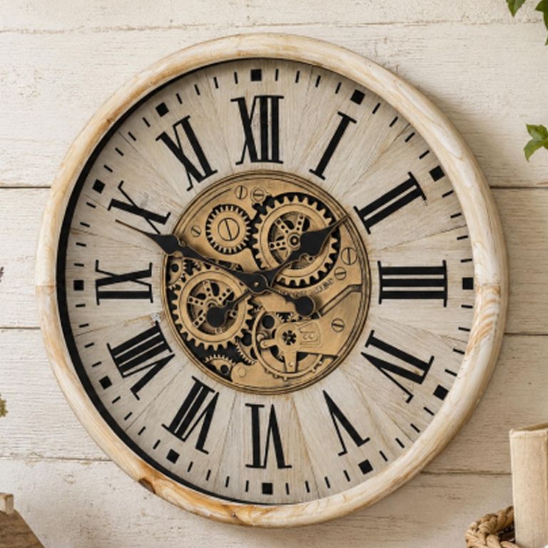 Wall Clock - with Cogs - Round - White Distressed - Wood and Metal