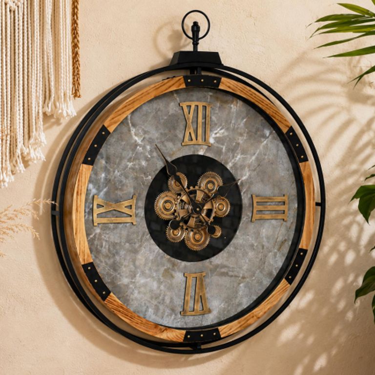 Wall Clock - with Cogs - Round - Wood and Marble Effect