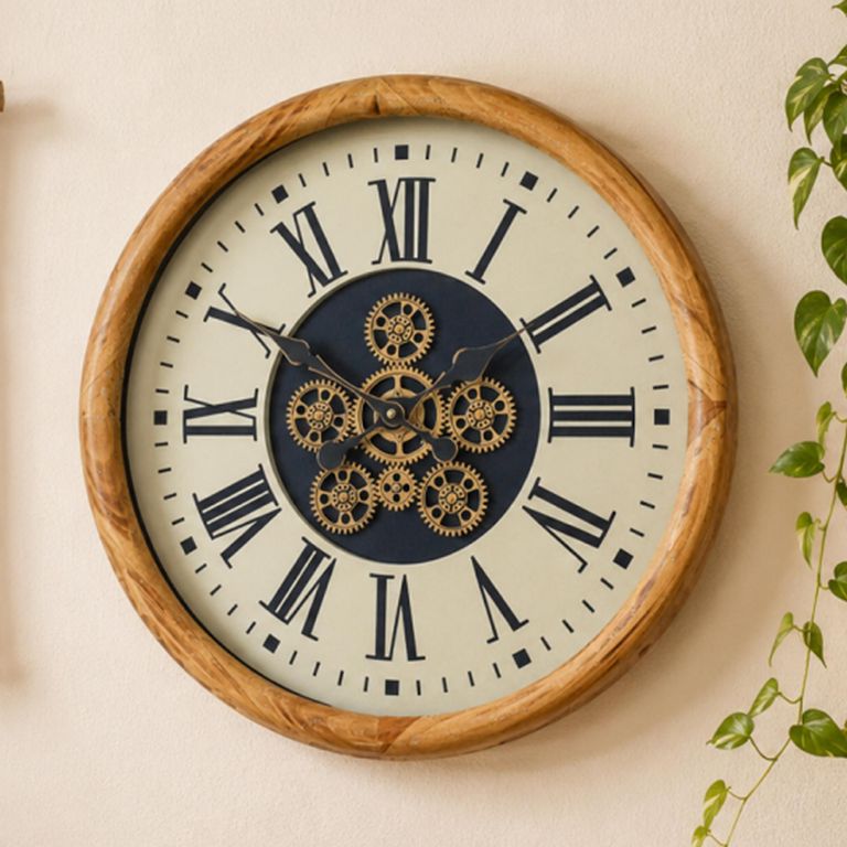 Wall Clock - with Cogs - Round - Wood and Metal