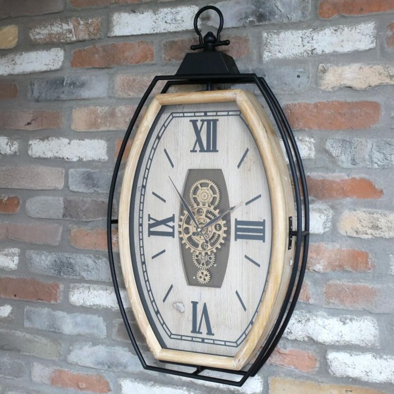 Wall Clock - with Cogs - Natural and Black - Wood and Metal