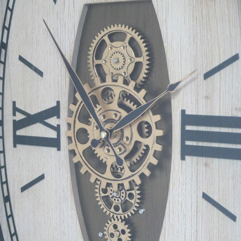 Wall Clock - with Cogs - Natural and Black - Wood and Metal