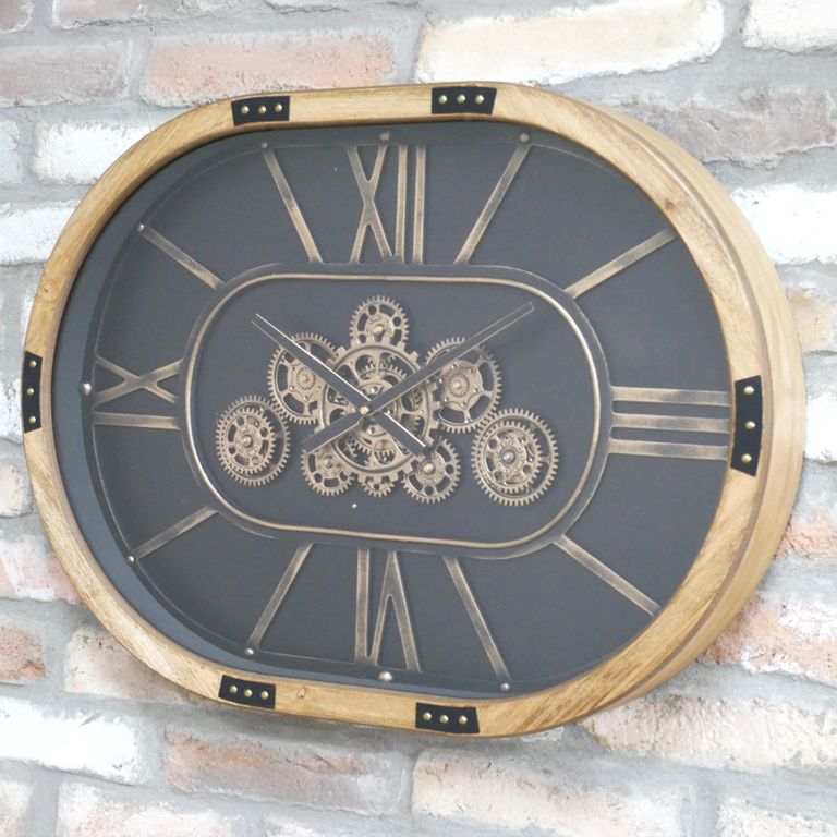 Wall Clock - with Cogs - Oval - Natural and Black - Wood and Metal