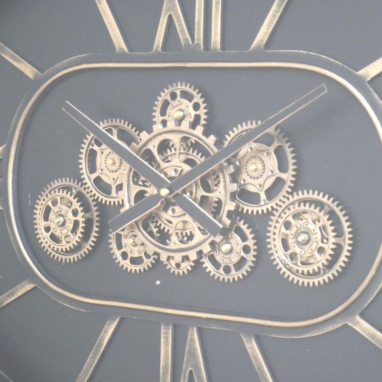 Wall Clock - with Cogs - Oval - Natural and Black - Wood and Metal