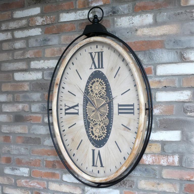Wall Clock - with Cogs - Oval - White Distressed - Wood and Metal