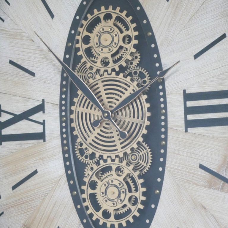 Wall Clock - with Cogs - Oval - White Distressed - Wood and Metal