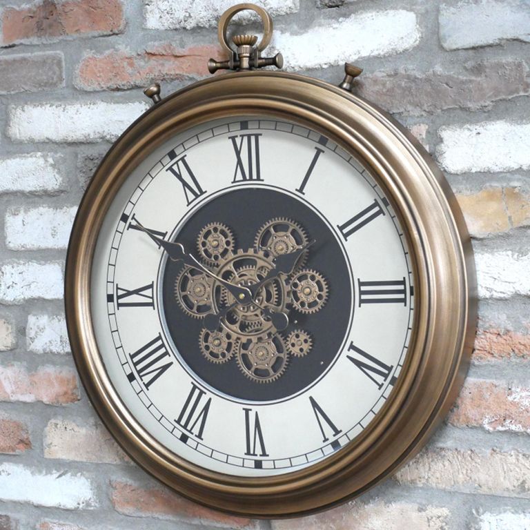 Wall Clock - with Cogs - Round - Antique Gold - Metal