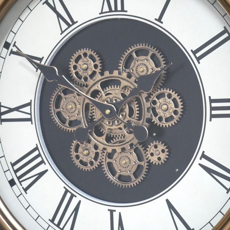 Wall Clock - with Cogs - Round - Antique Gold - Metal