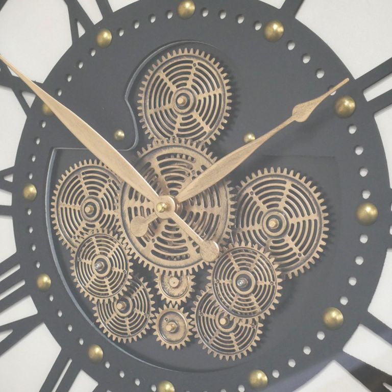 Wall Clock - with Cogs - Round - Gold - Metal