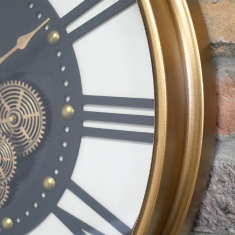 Wall Clock - with Cogs - Round - Gold - Metal