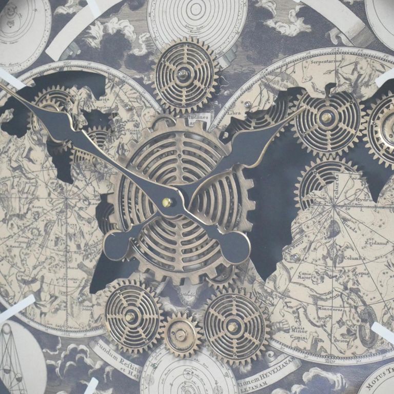 Wall Clock - with Cogs - Round - Gold and Black - Metal