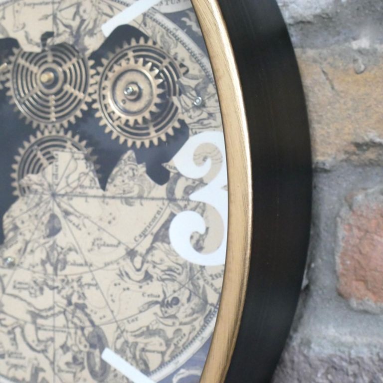 Wall Clock - with Cogs - Round - Gold and Black - Metal