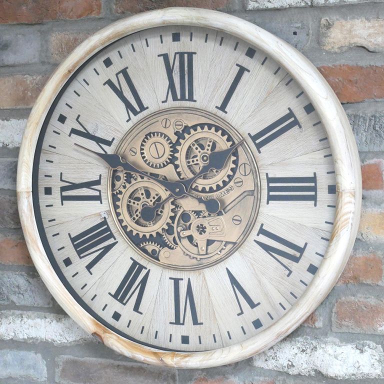 Wall Clock - with Cogs - Round - White Distressed - Wood and Metal