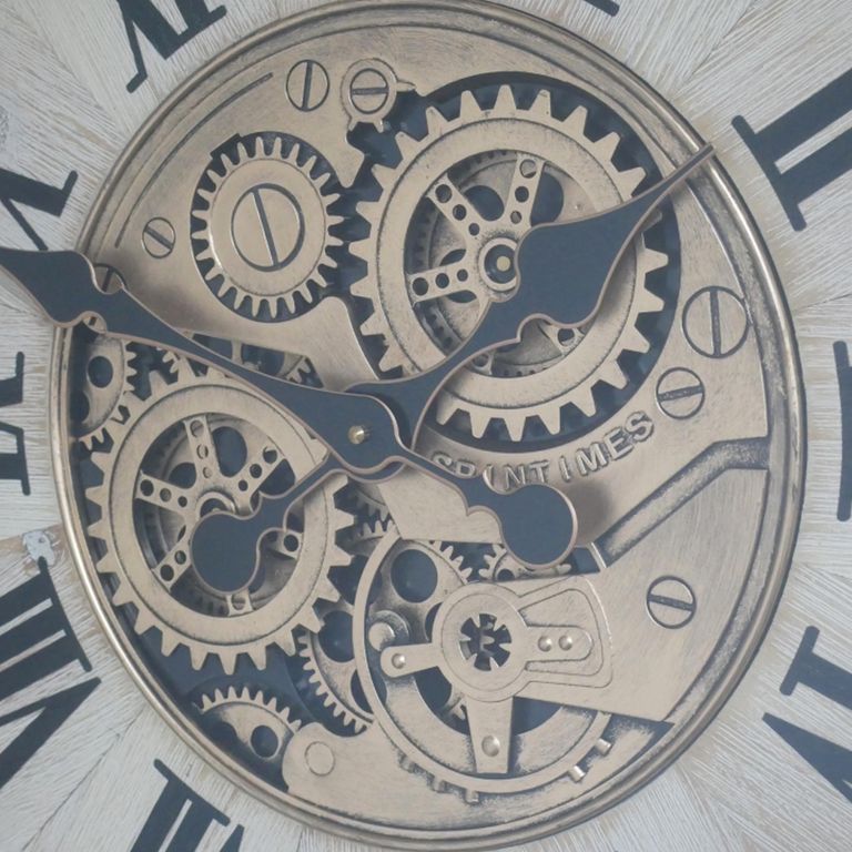 Wall Clock - with Cogs - Round - White Distressed - Wood and Metal