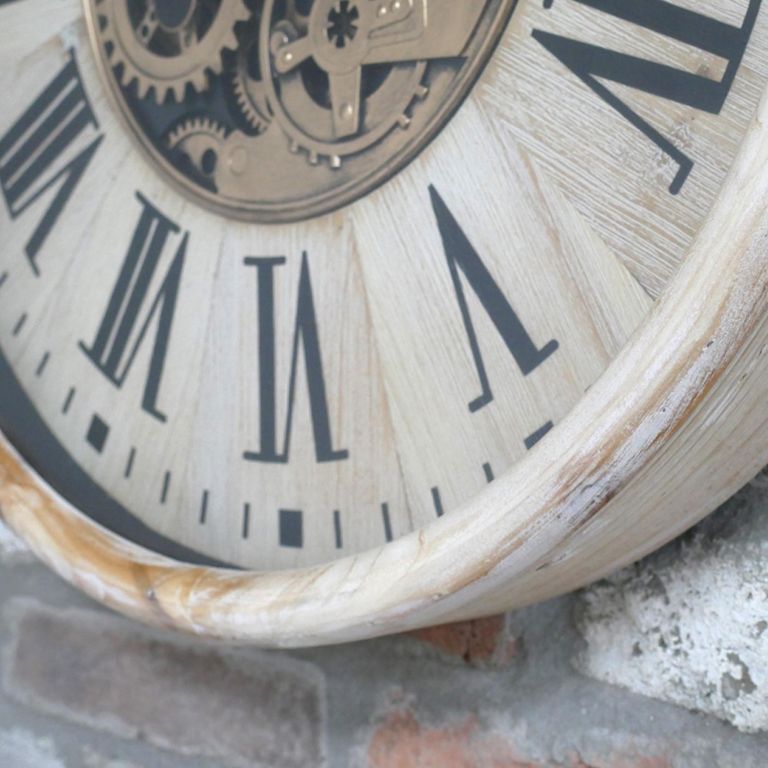 Wall Clock - with Cogs - Round - White Distressed - Wood and Metal