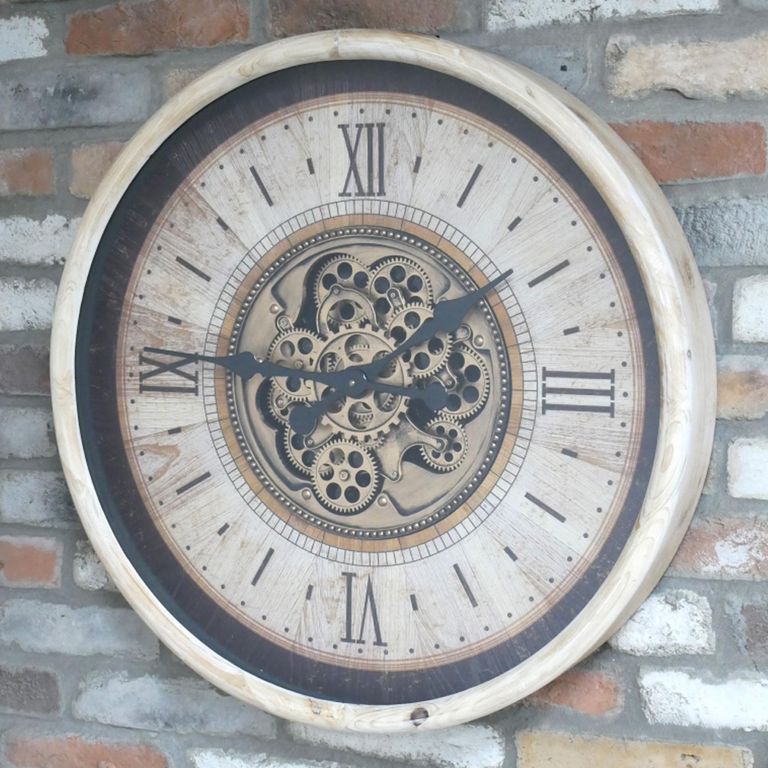 Wall Clock - with Cogs - Round - White Distressed - Wood and Metal - 70cm