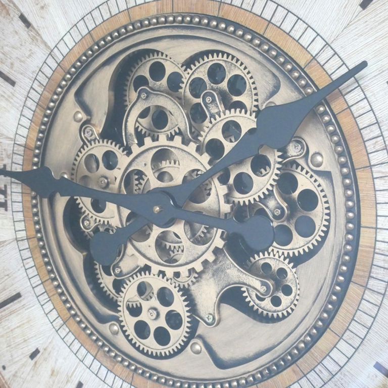 Wall Clock - with Cogs - Round - White Distressed - Wood and Metal - 70cm