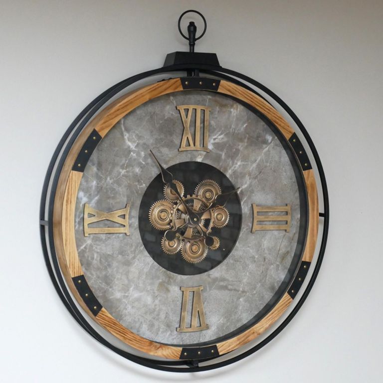 Wall Clock - with Cogs - Round - Wood and Marble Effect
