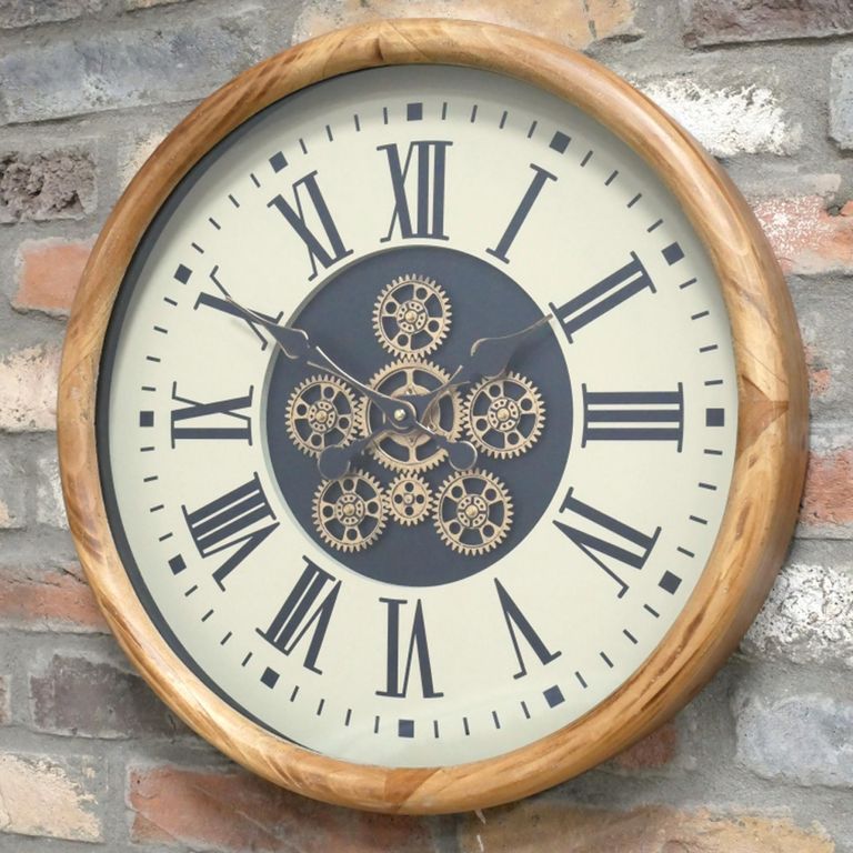 Wall Clock - with Cogs - Round - Wood and Metal