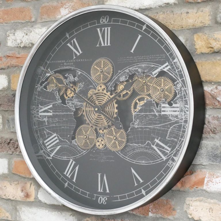 Industrial Wall Clock - with Cogs - Round - Silver and Black - Metal
