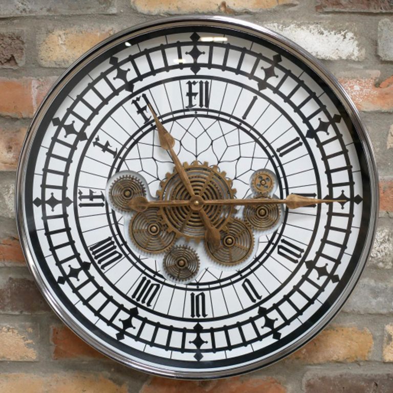 Wall Clock - with Cogs - Round - White and Black - Metal