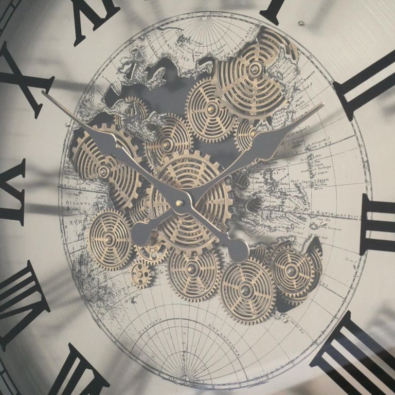 Industrial Wall Clock - with Cogs - Round - Antique Brass and White - Metal
