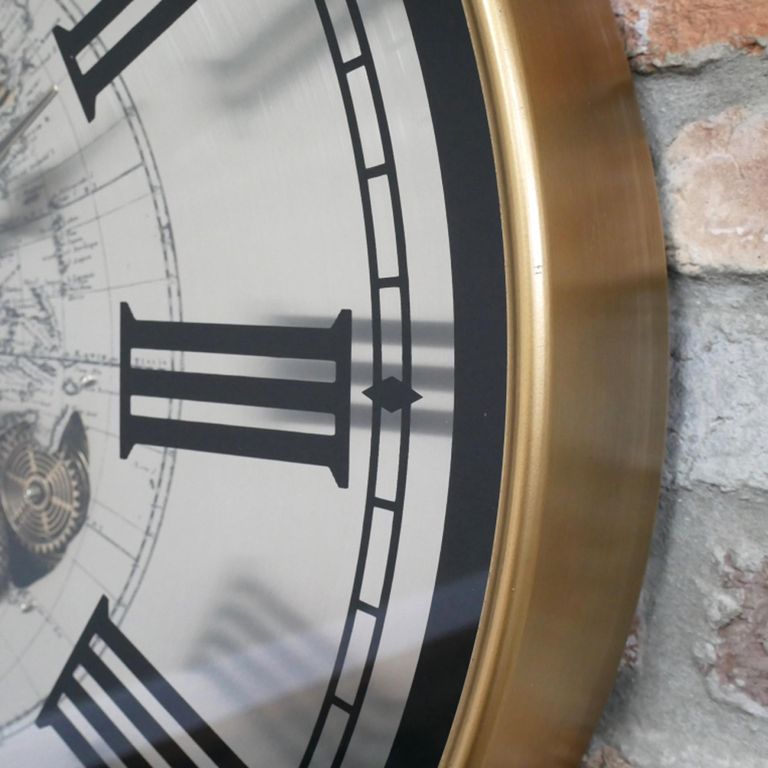 Industrial Wall Clock - with Cogs - Round - Antique Brass and White - Metal