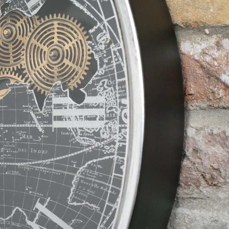 Industrial Wall Clock - with Cogs - Round - Silver and Black - Metal