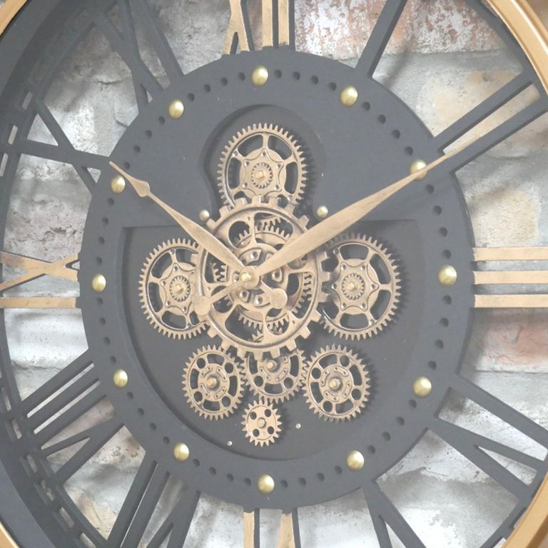 Wall Clock - with Cogs - Round - Antique Gold and Black - Metal