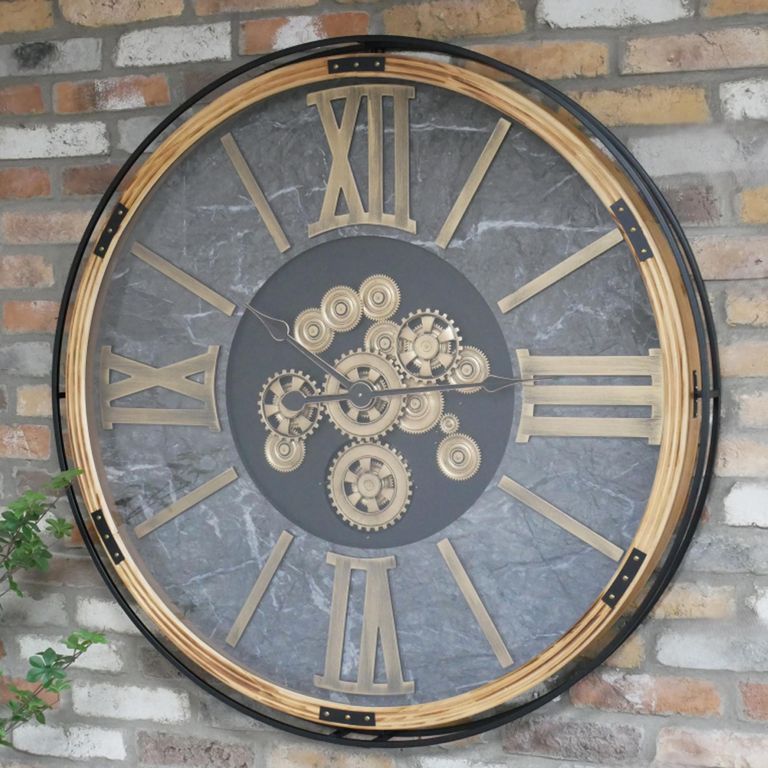 Wall Clock - with Cogs - Round - Gold and Black - Wood and Marble Effect