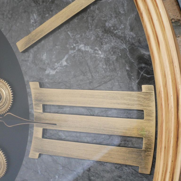 Wall Clock - with Cogs - Round - Gold and Black - Wood and Marble Effect