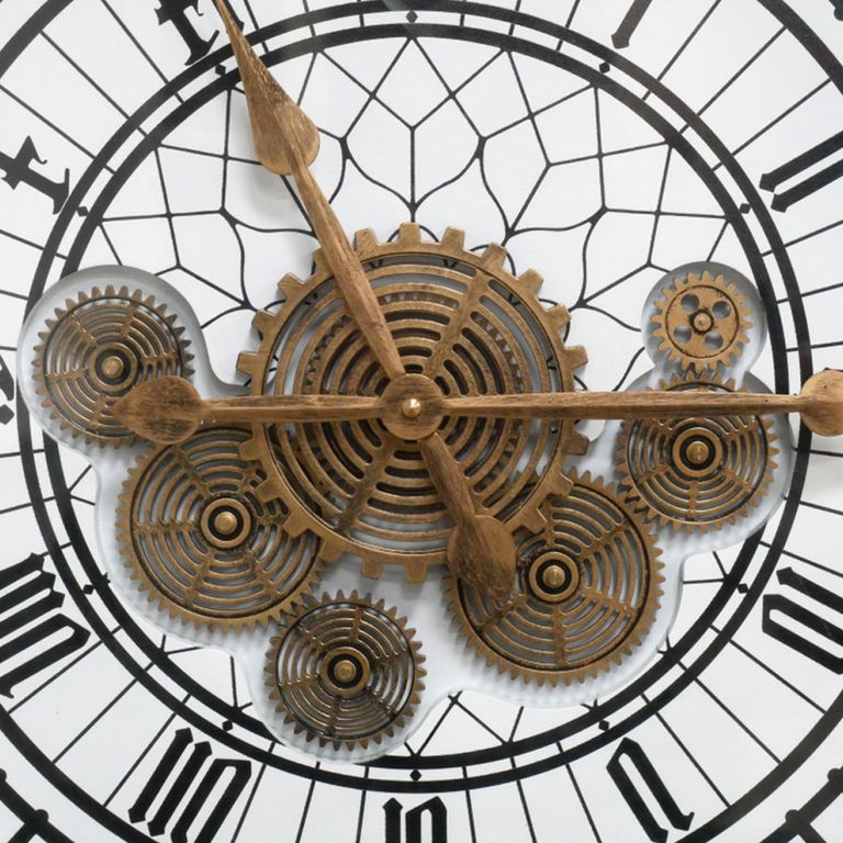 Wall Clock - with Cogs - Round - White and Black - Metal