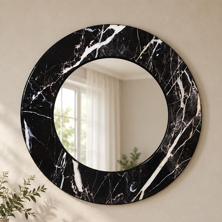 Allentown Black Marble Look Round Wall Mirror