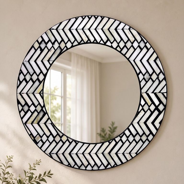 Allentown Monochrome Chevron Inlay Print Round Wall Mirror