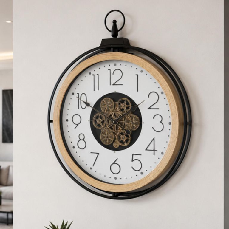 Industrial Wall Round Clock with Cogs Black Wood and Metal