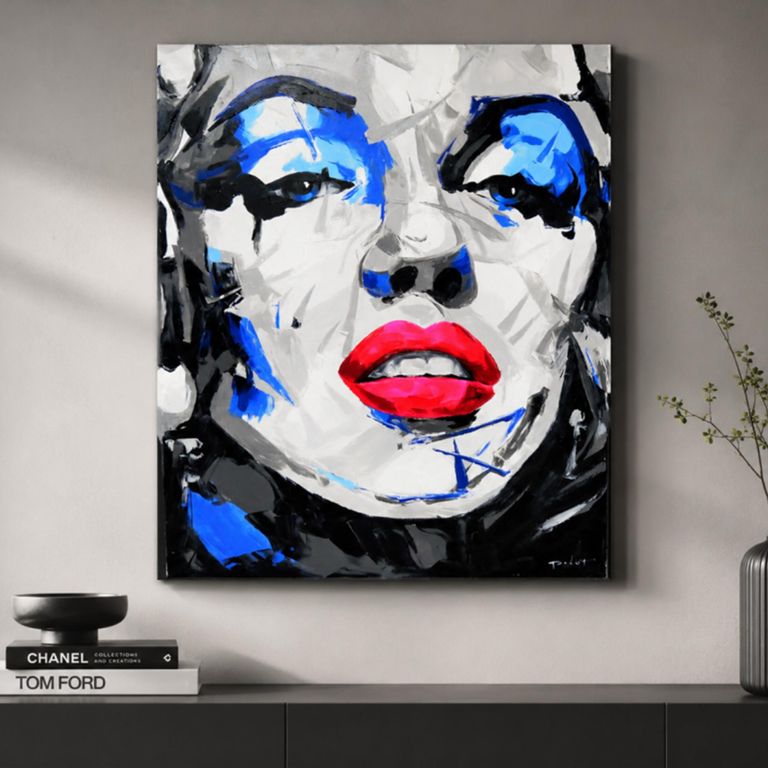 Grey and Blue Women Face Canvas Wall Art Fabric
