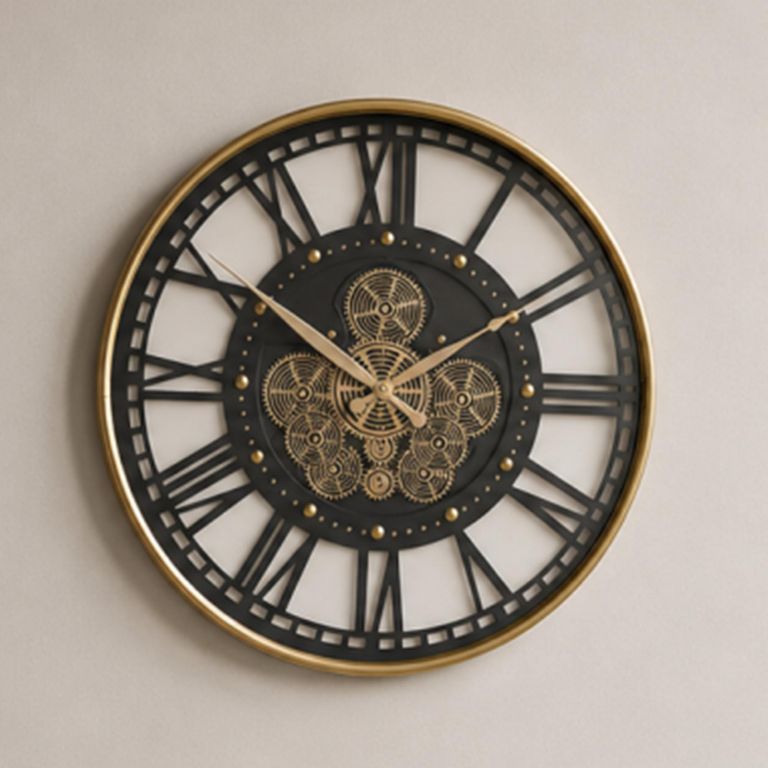 Wall Round Clock with Cogs Gold Metal