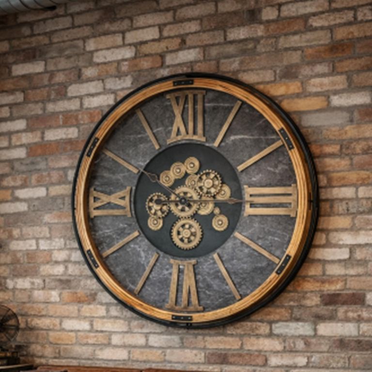 Wall Round Clock with Cogs Gold and Black Wood and Marble Effect