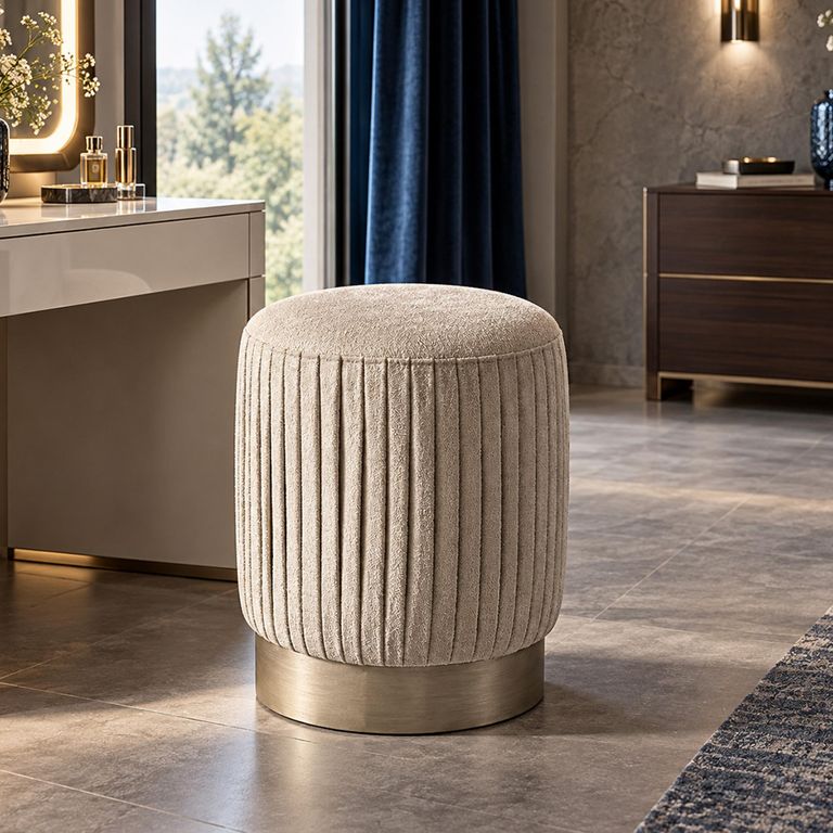 Smart Italian Beige Fabric Round Pouffe