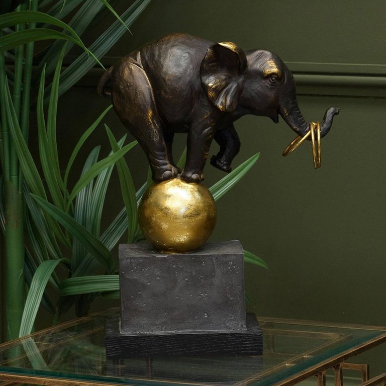 Elephant at Play Black and Gold Metal Sculpture