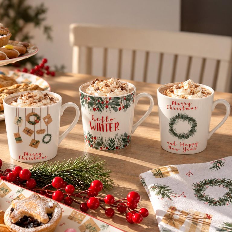 Set of 6 Christmas Spirit Ceramic Mugs White Decor