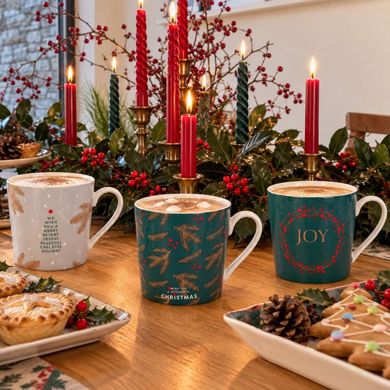 Set of 6 Festive Fir Ceramic Mugs Green and White Decor