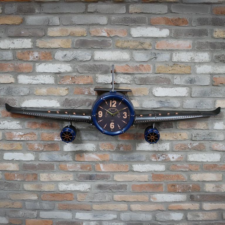 Aeroplane Wall Clock - Industrial Style - Blue & Black Metal